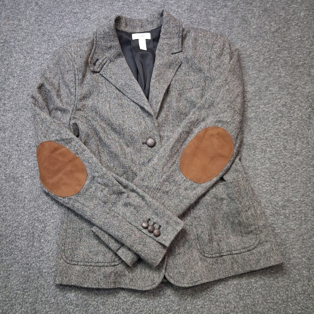 Lands' End Canvas Gray Wool Academia Preppy Herringbone Blazer Elbow Patches 10